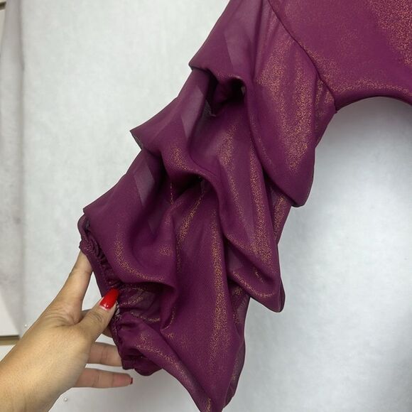 Burgundy Sheer Wrap Top Sz M Tiered Statements Sleeves elastic cuffs - Picture 8 of 11